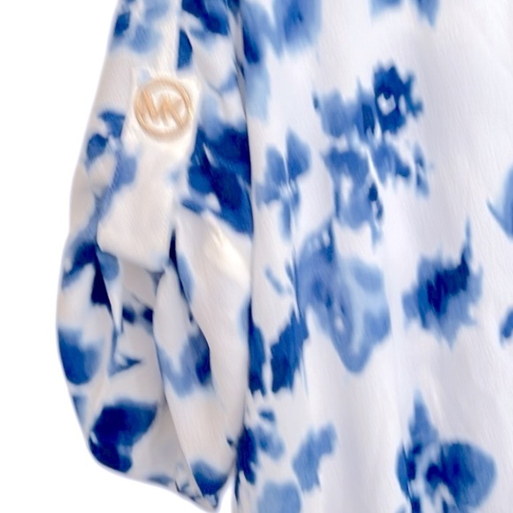 Michael Kors Blue and White Floral Blouse Draped Sleeves and Gathered Waist Sz L - Picture 3 of 10